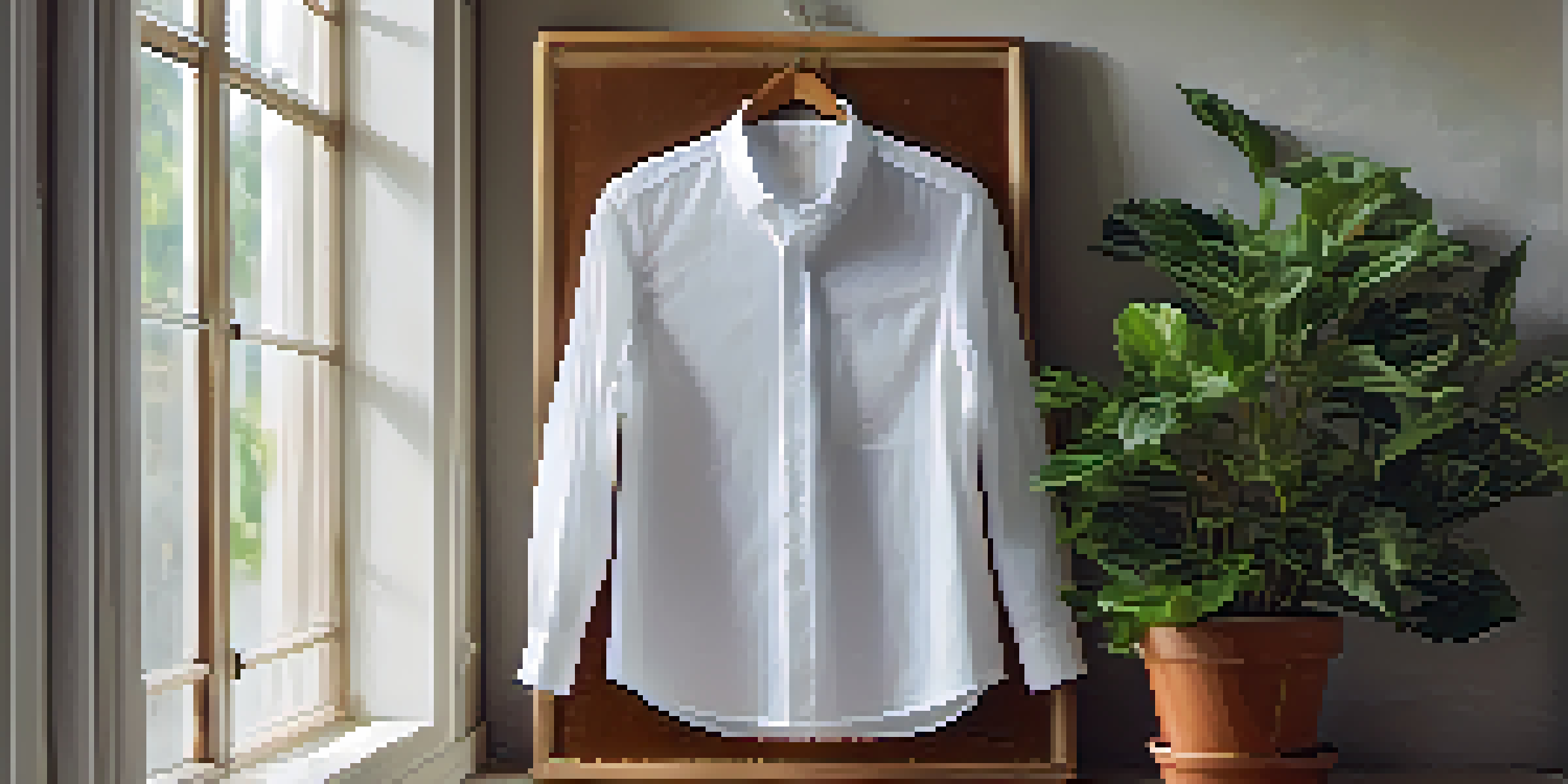 A white shirt on a wooden hanger with soft light coming through a window, accompanied by a small potted plant in the background.