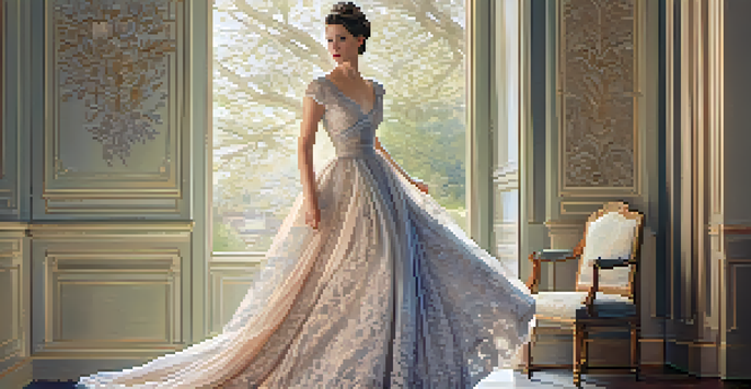 A vintage fashion illustration of a 19th-century woman in a lace-adorned gown, set against a pastel background.