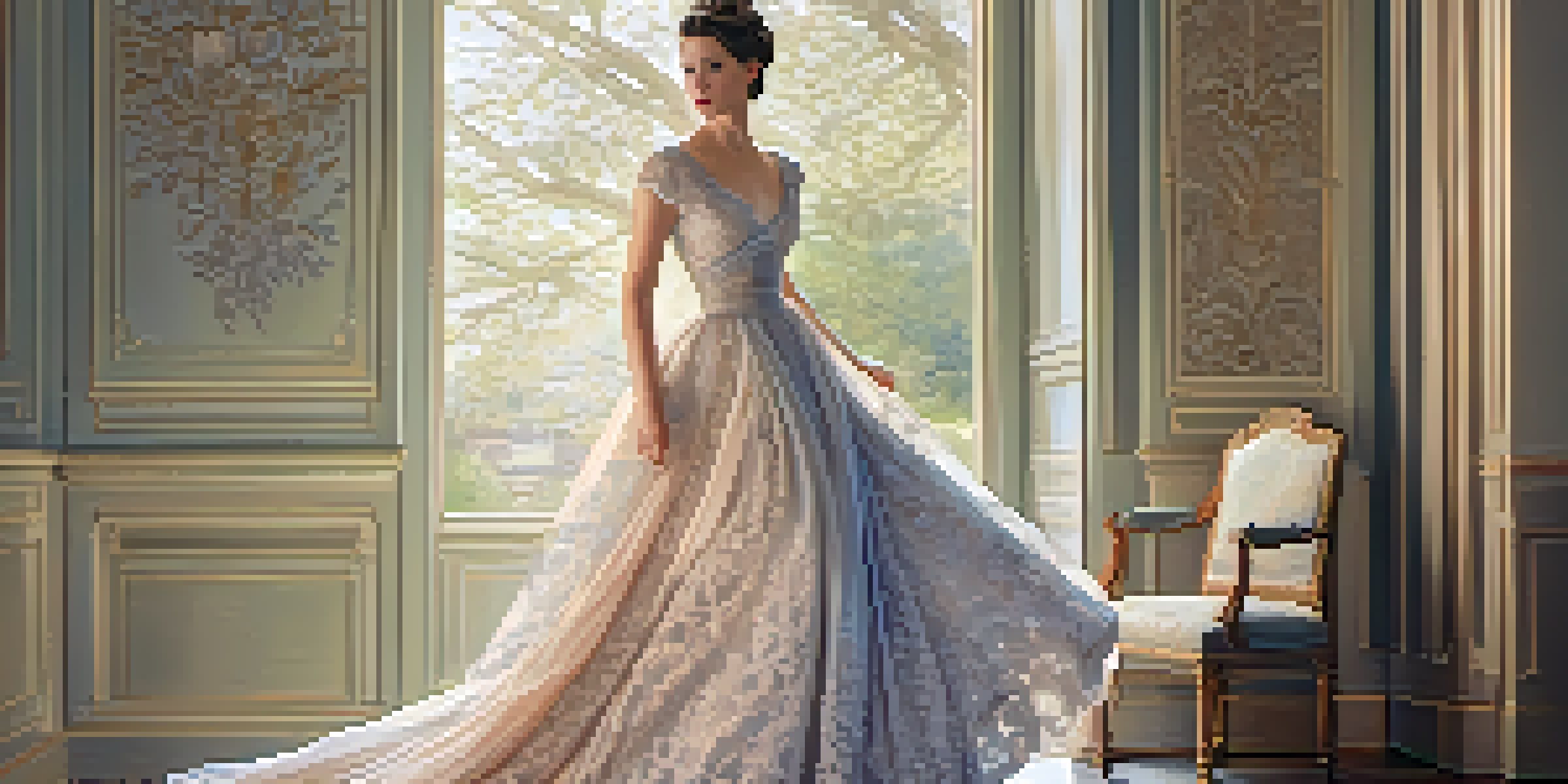 A vintage fashion illustration of a 19th-century woman in a lace-adorned gown, set against a pastel background.