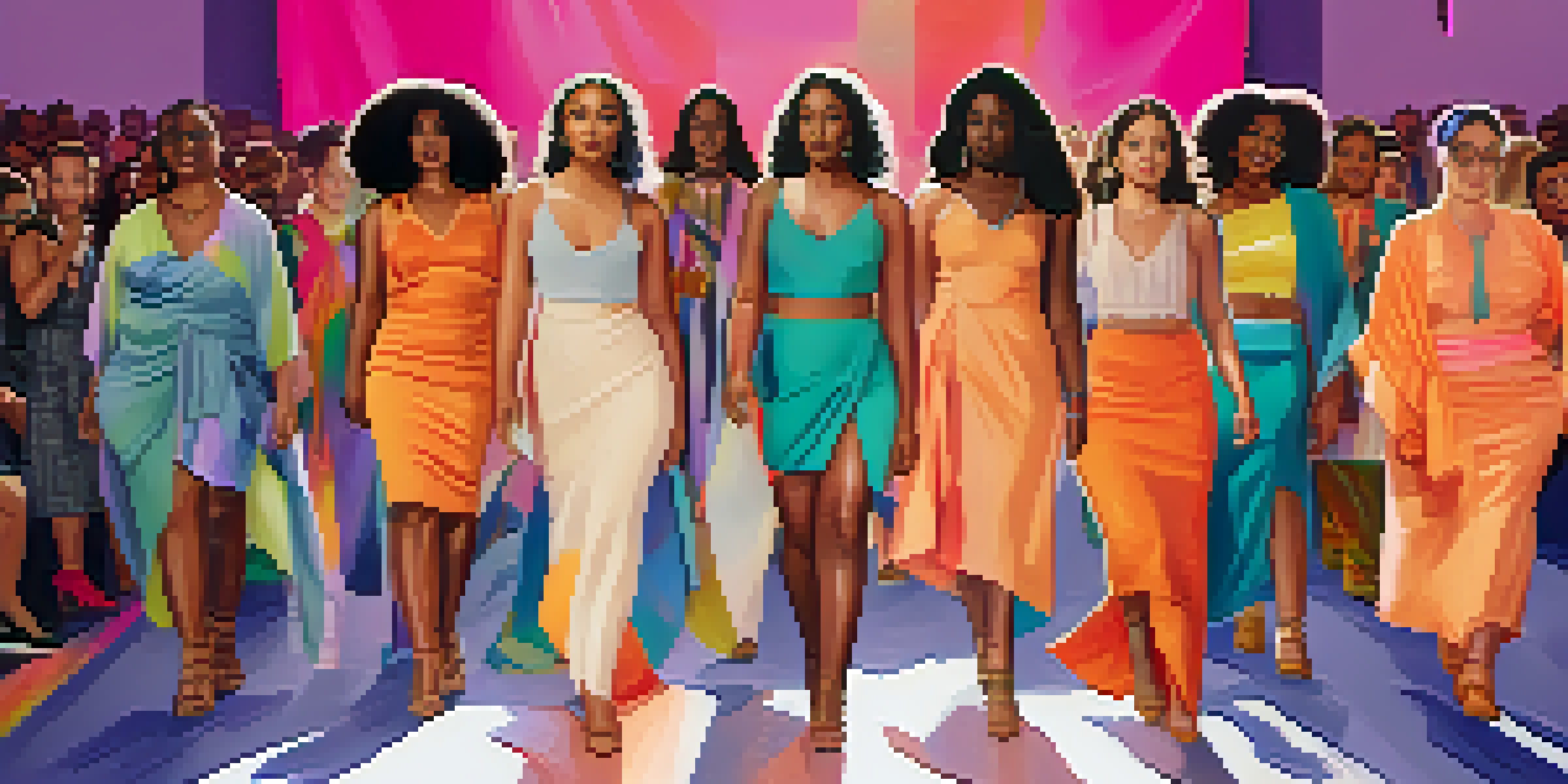 A diverse group of models showcasing inclusive fashion on a runway, surrounded by colorful banners and an engaged audience.