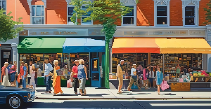 A busy urban street featuring a colorful thrift store with diverse shoppers exploring second-hand clothing under bright sunlight.