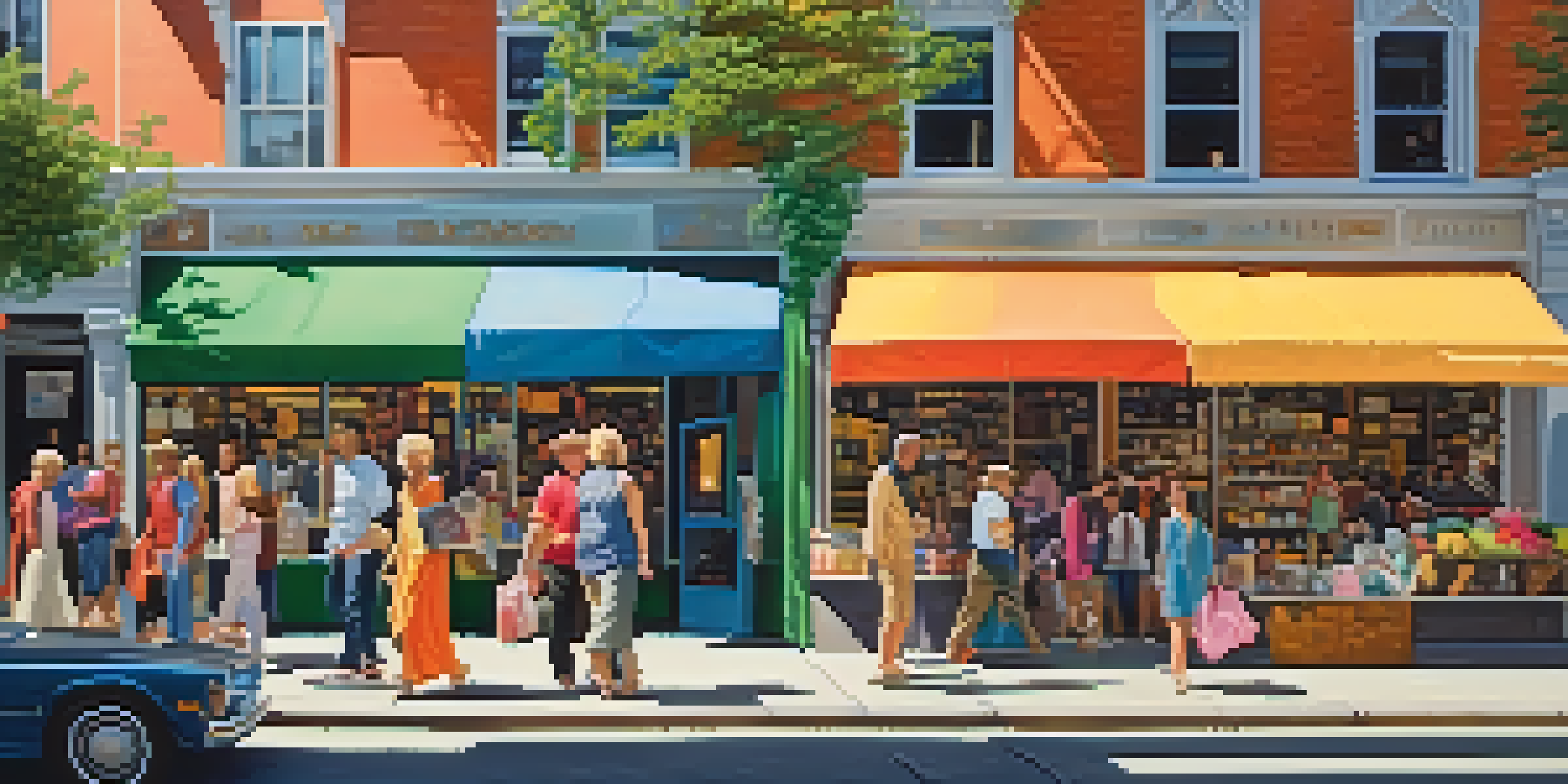 A busy urban street featuring a colorful thrift store with diverse shoppers exploring second-hand clothing under bright sunlight.