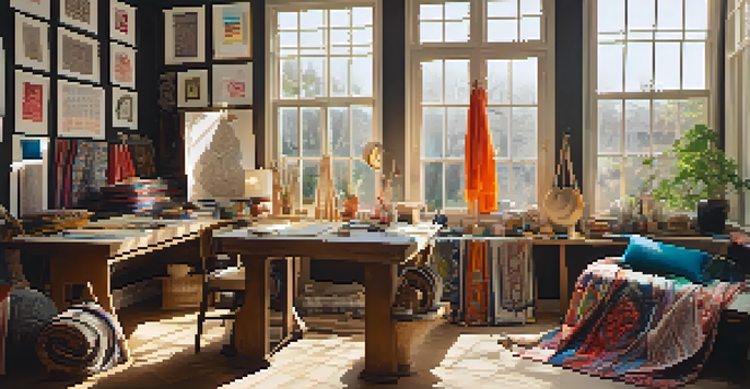 A bright fashion designer's studio showcasing colorful traditional textiles and design sketches, filled with natural light.