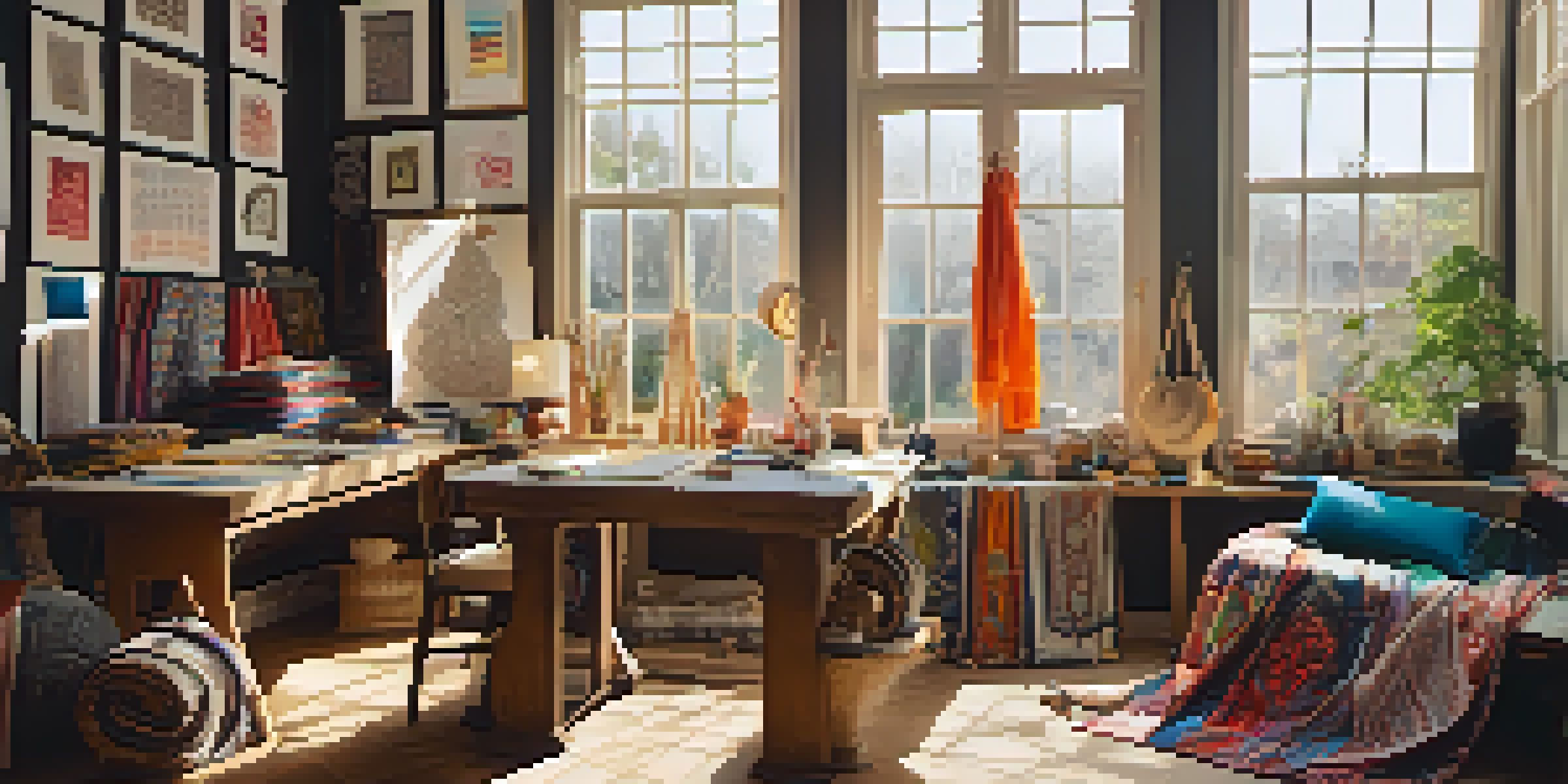 A bright fashion designer's studio showcasing colorful traditional textiles and design sketches, filled with natural light.