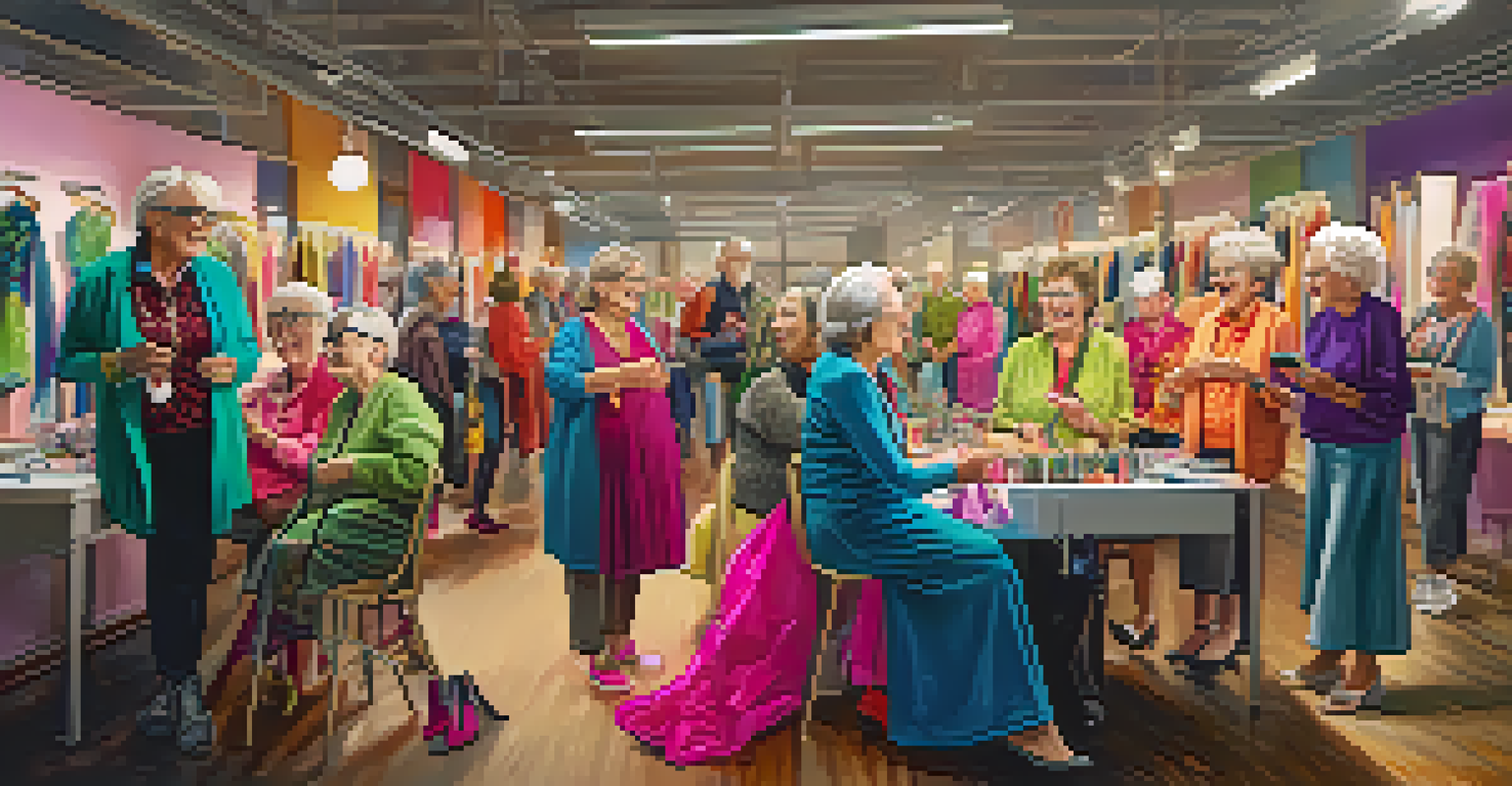 A group of older adults at a fashion workshop, displaying their outfits and colorful accessories, enjoying each other's company.