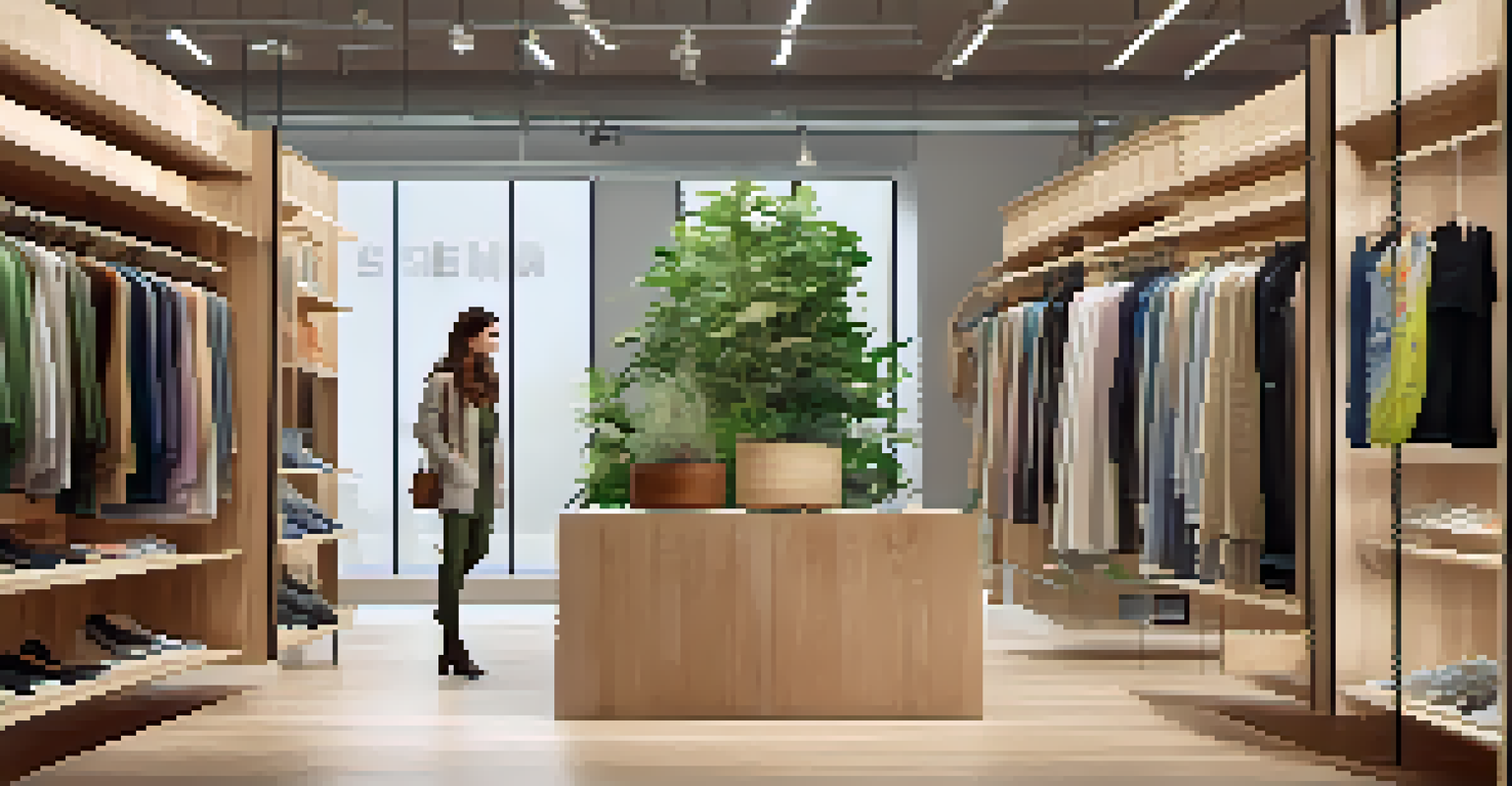 A consumer in a clothing store focusing on transparency, with ethical practice signage, organic garments, and a digital screen sharing product stories.