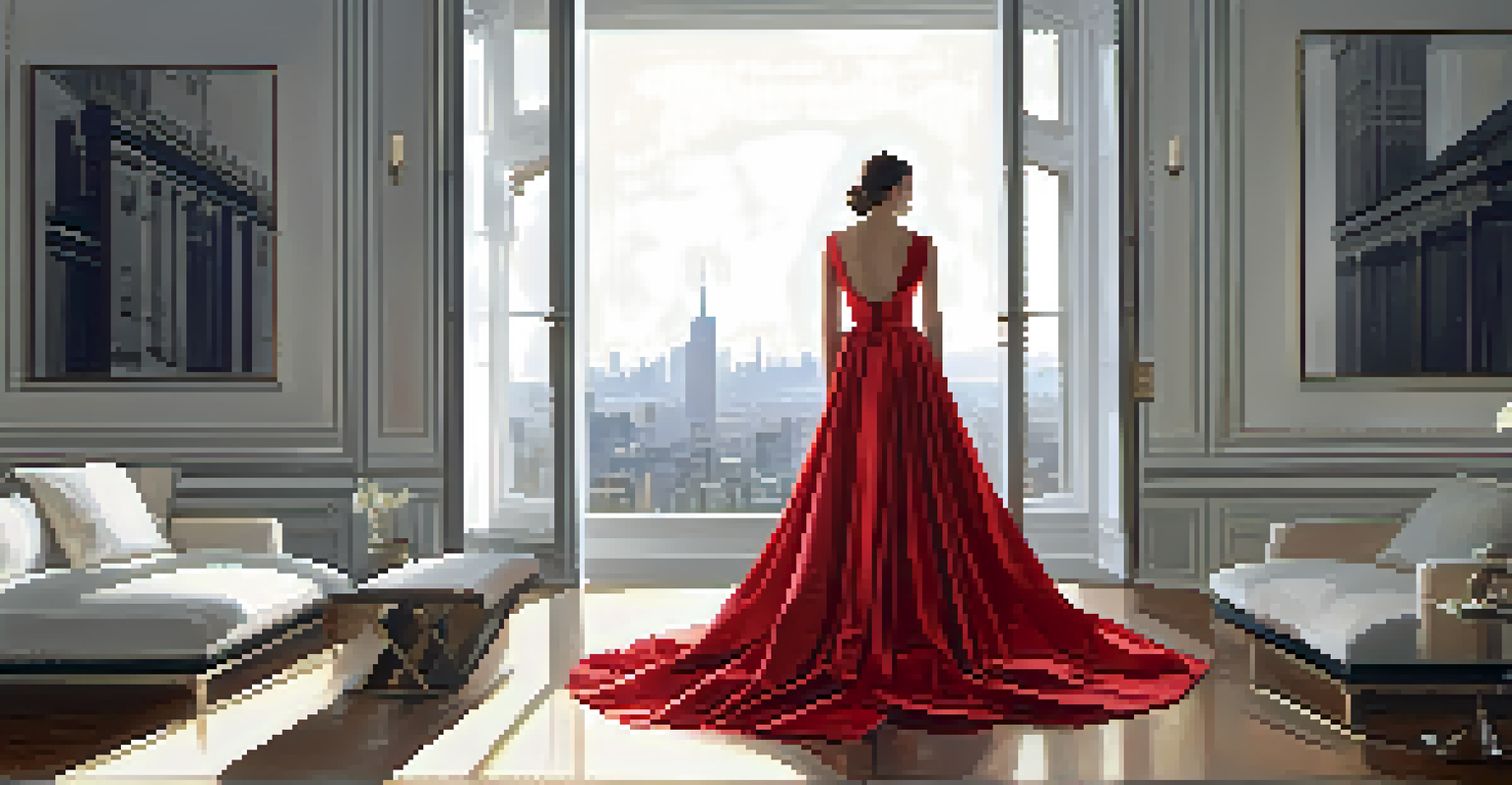 A model in a modern dress standing by a large window, illuminated by natural light, with a city skyline reflection visible.
