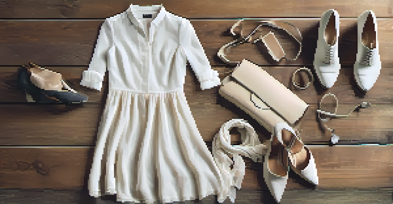A flat lay of rented clothing items on a wooden surface, featuring a dress, shoes, and accessories.