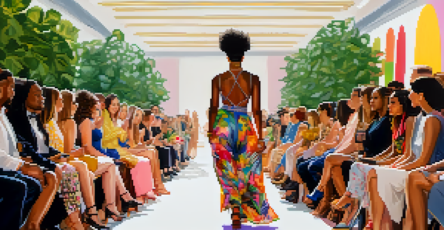 Models of various body types and ethnicities on a vibrant fashion runway, celebrating diversity with colorful outfits and an enthusiastic audience.