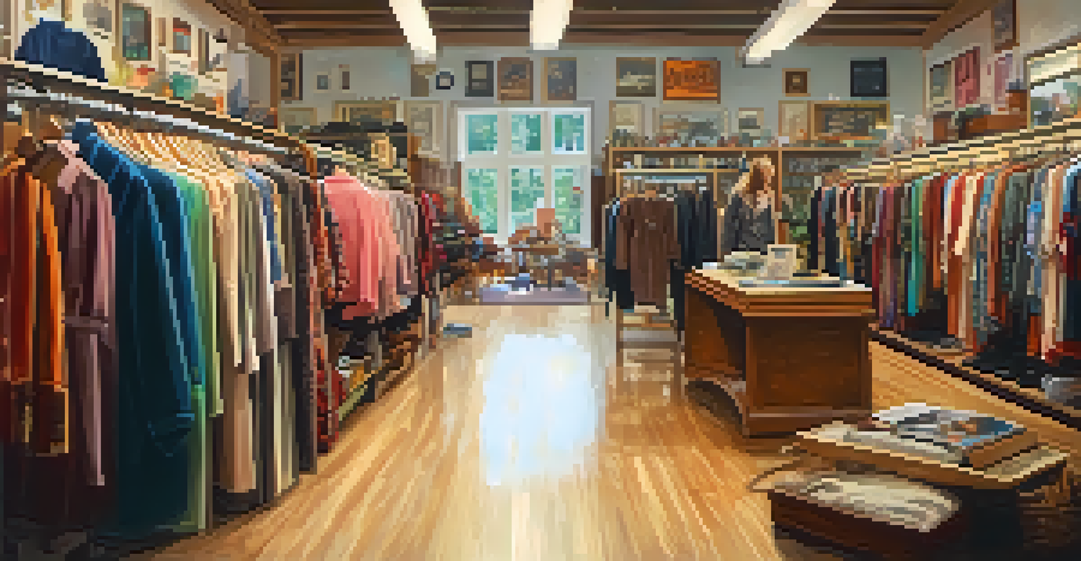 The interior of a thrift store filled with colorful vintage clothing and accessories, creating a warm and inviting atmosphere.