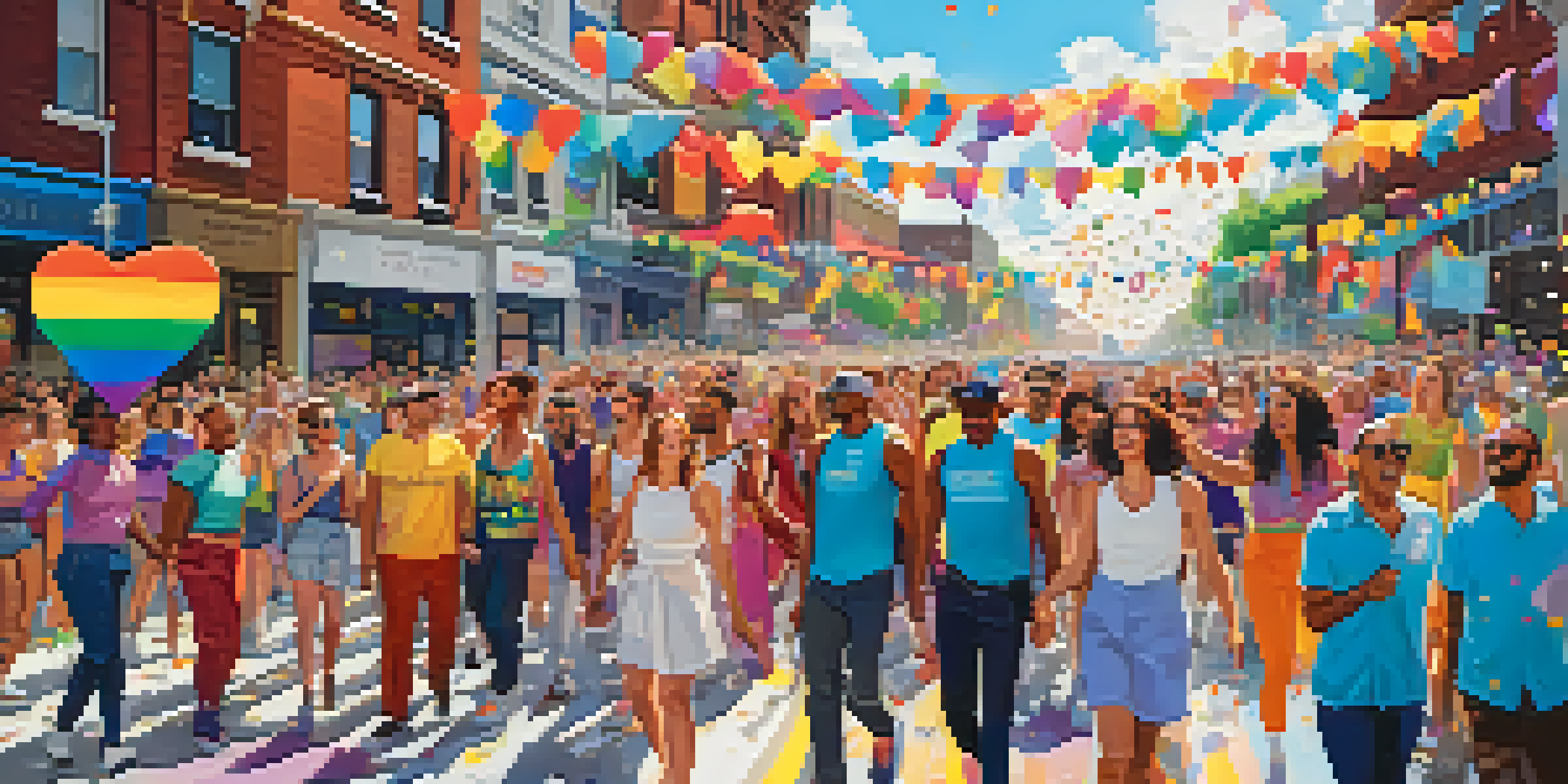 A lively street scene during a Pride Month parade, filled with diverse individuals in colorful outfits and banners promoting love and acceptance, set against a bright blue sky.