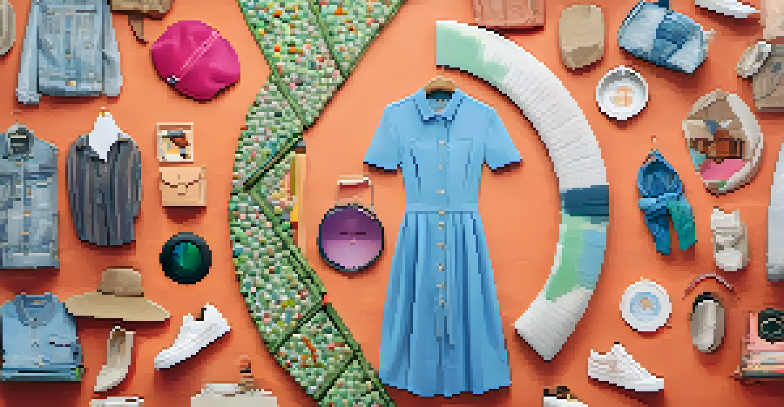 A circular diagram showcasing various clothing items symbolizing circular fashion, with vibrant colors on a pastel background.