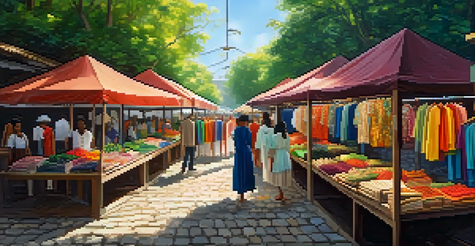 An outdoor market displaying colorful handmade garments made from organic materials, with shoppers and vendors under a green canopy of trees.