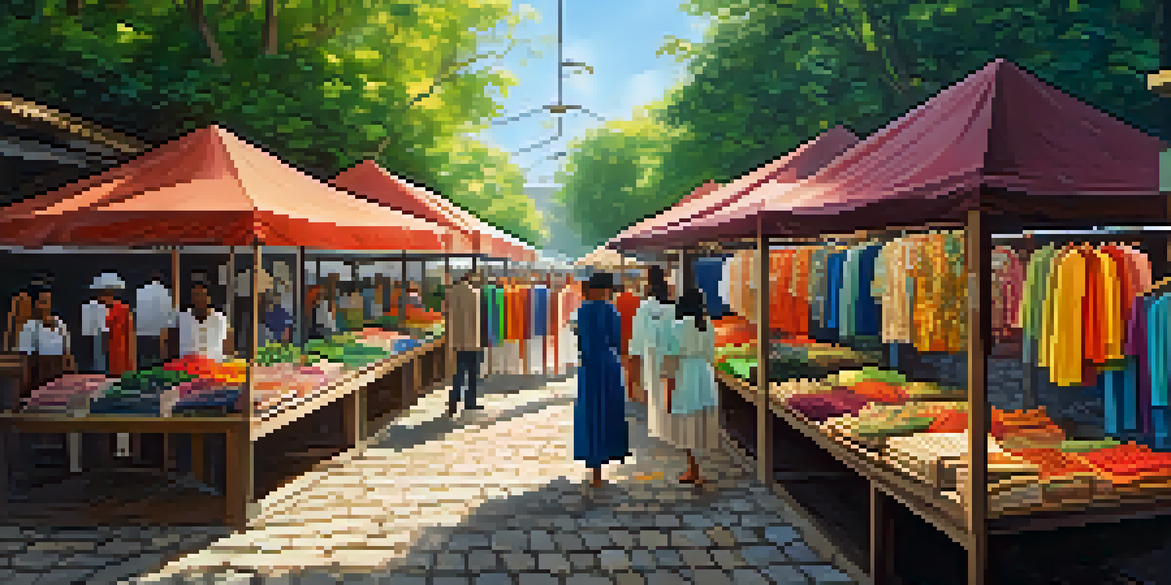 An outdoor market displaying colorful handmade garments made from organic materials, with shoppers and vendors under a green canopy of trees.