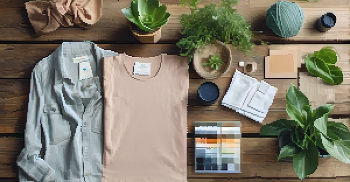 A flat lay of eco-friendly fashion materials including organic cotton, Tencel, and recycled polyester on a wooden surface, with natural lighting and a potted plant.