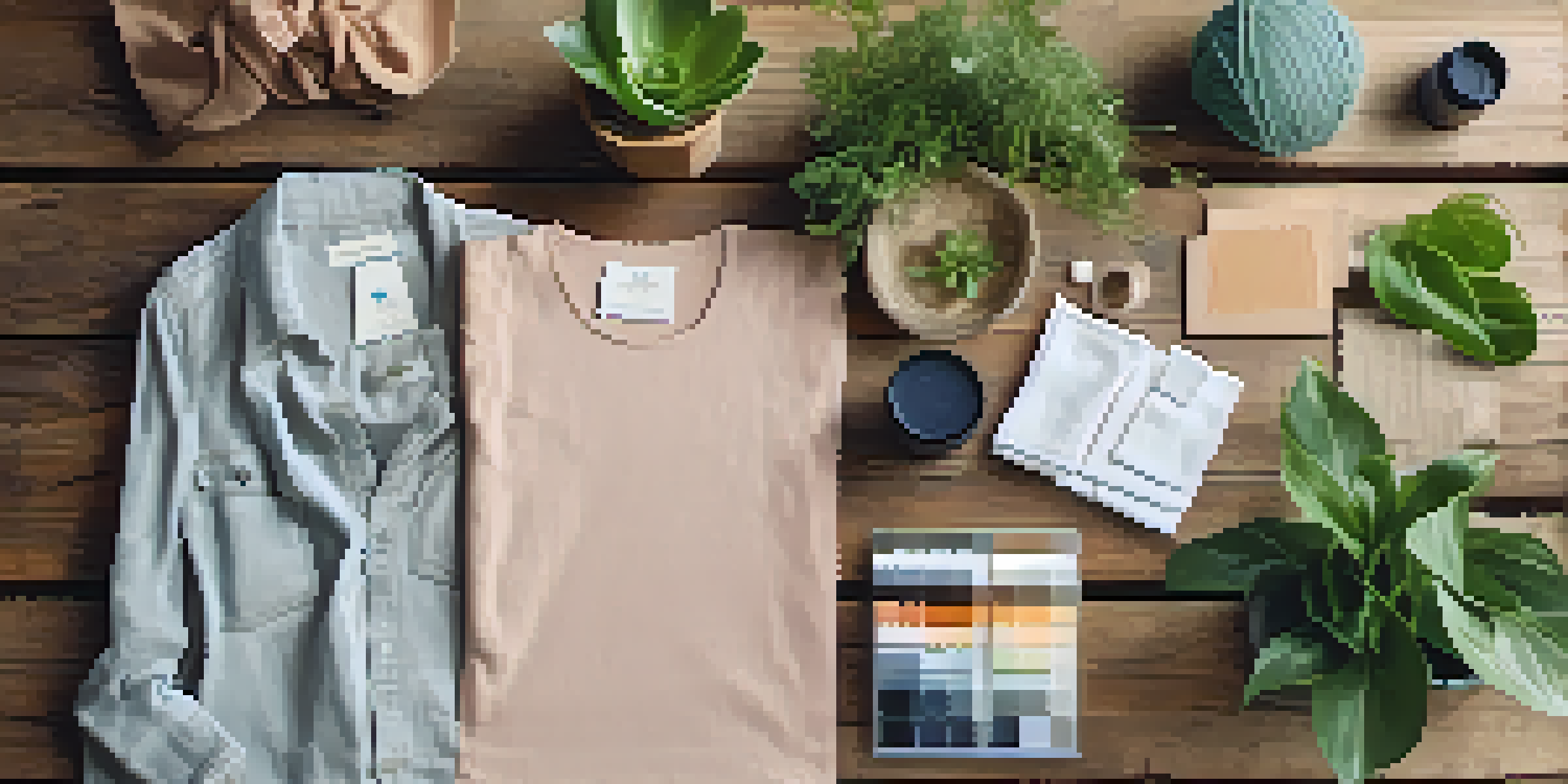 A flat lay of eco-friendly fashion materials including organic cotton, Tencel, and recycled polyester on a wooden surface, with natural lighting and a potted plant.