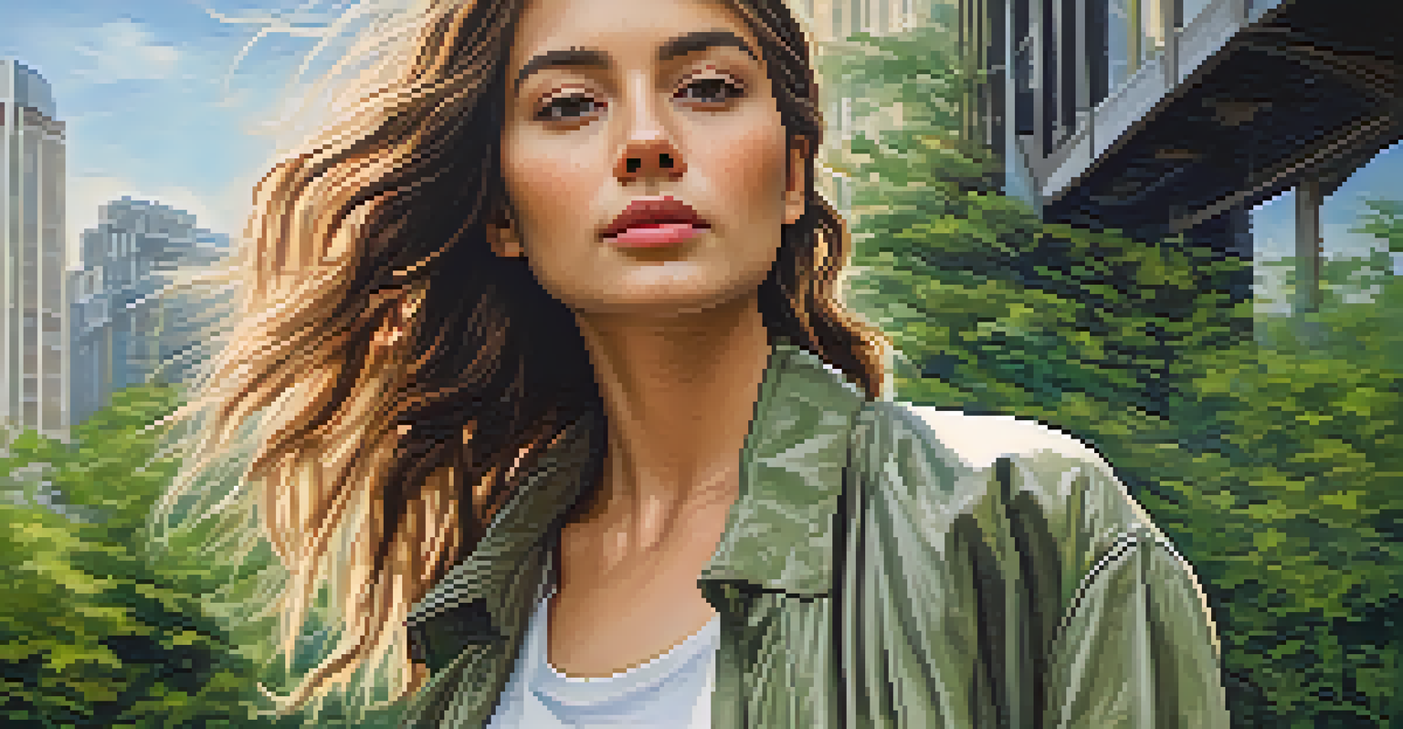 A close-up portrait of a confident young woman in sustainable fashion against an urban green backdrop, with natural light highlighting her clothing.