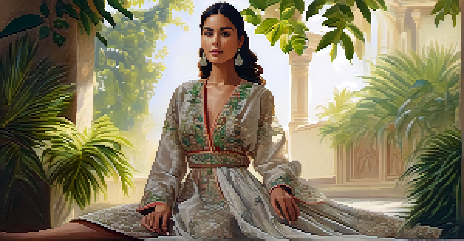 A model in a traditional dress stands in lush greenery with sunlight filtering through the leaves.