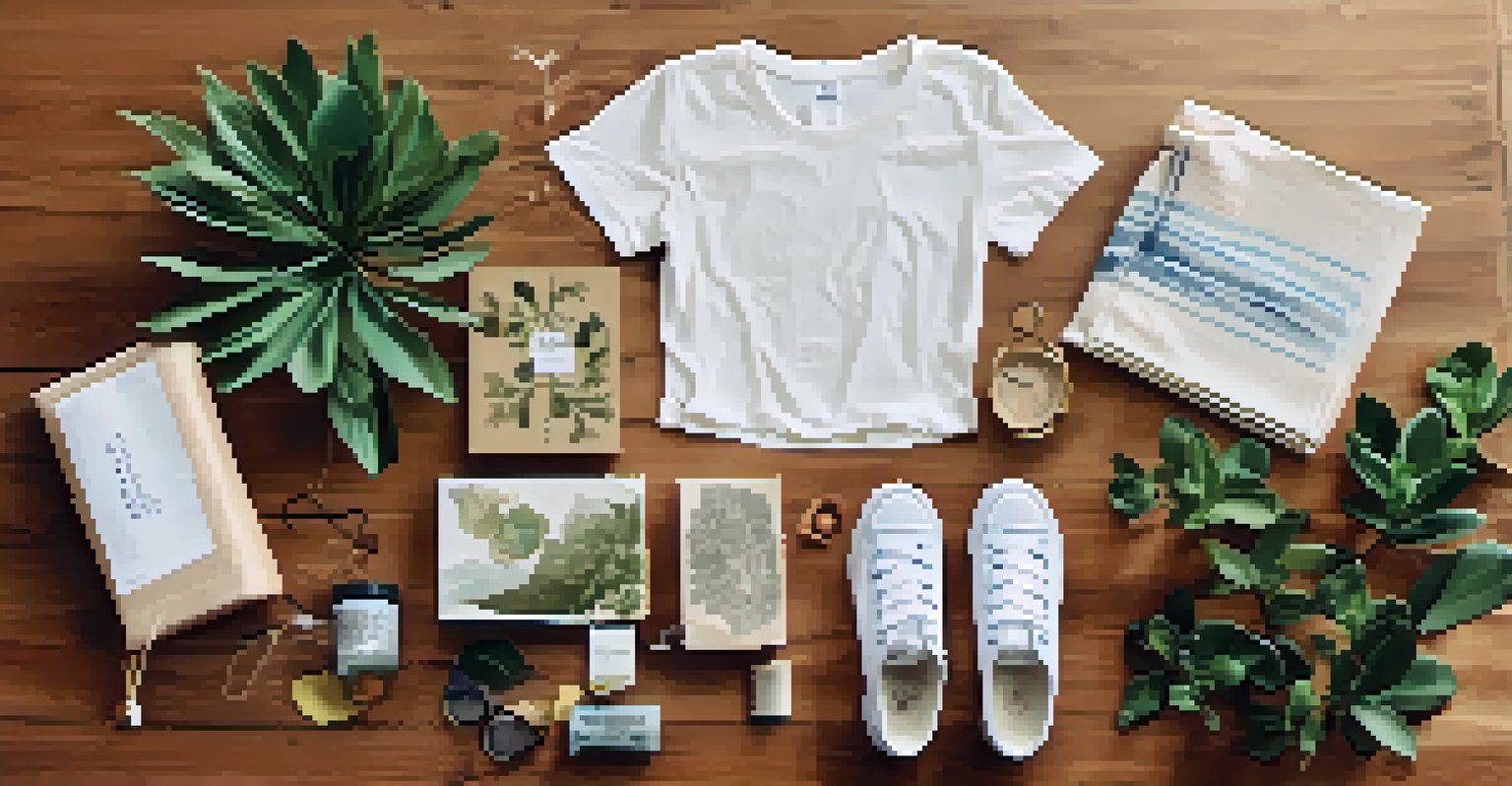 A flat lay arrangement of sustainable fashion items like organic cotton t-shirts and recycled accessories on a wooden surface, illuminated by soft natural light.