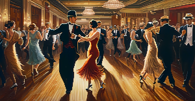 A lively 1920s dance hall with flappers in sparkling dresses dancing the Charleston, and a jazz band in the background.