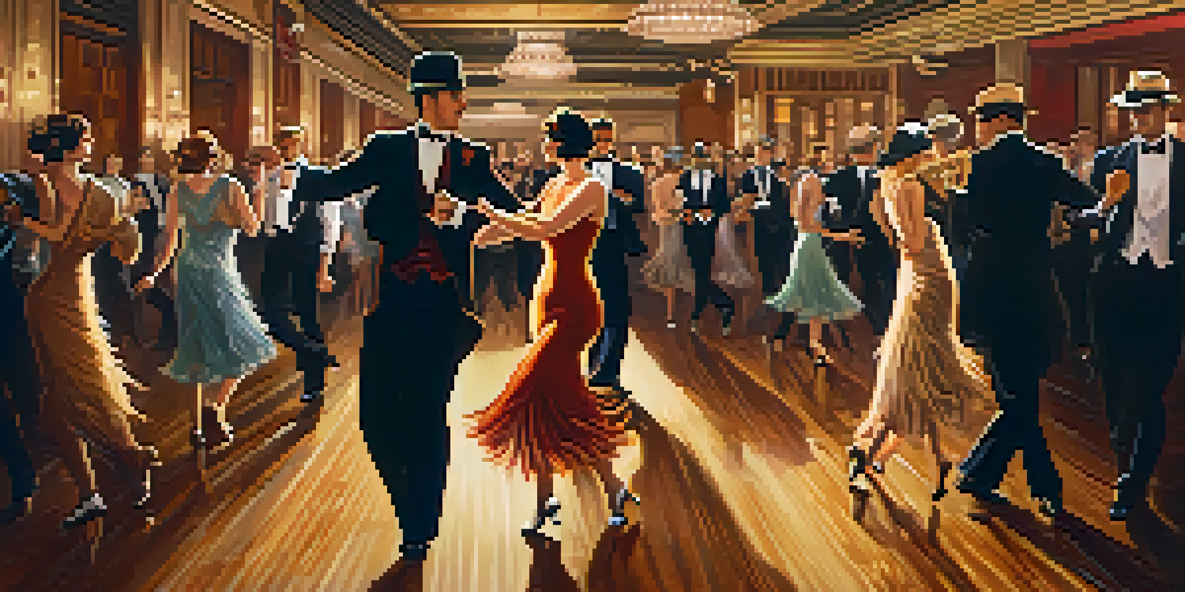 A lively 1920s dance hall with flappers in sparkling dresses dancing the Charleston, and a jazz band in the background.