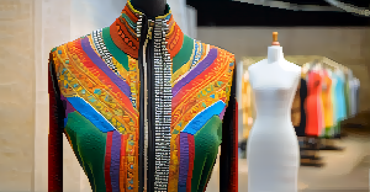 A close-up of an eco-friendly fashion garment made from upcycled materials, showcasing intricate details and vibrant colors.
