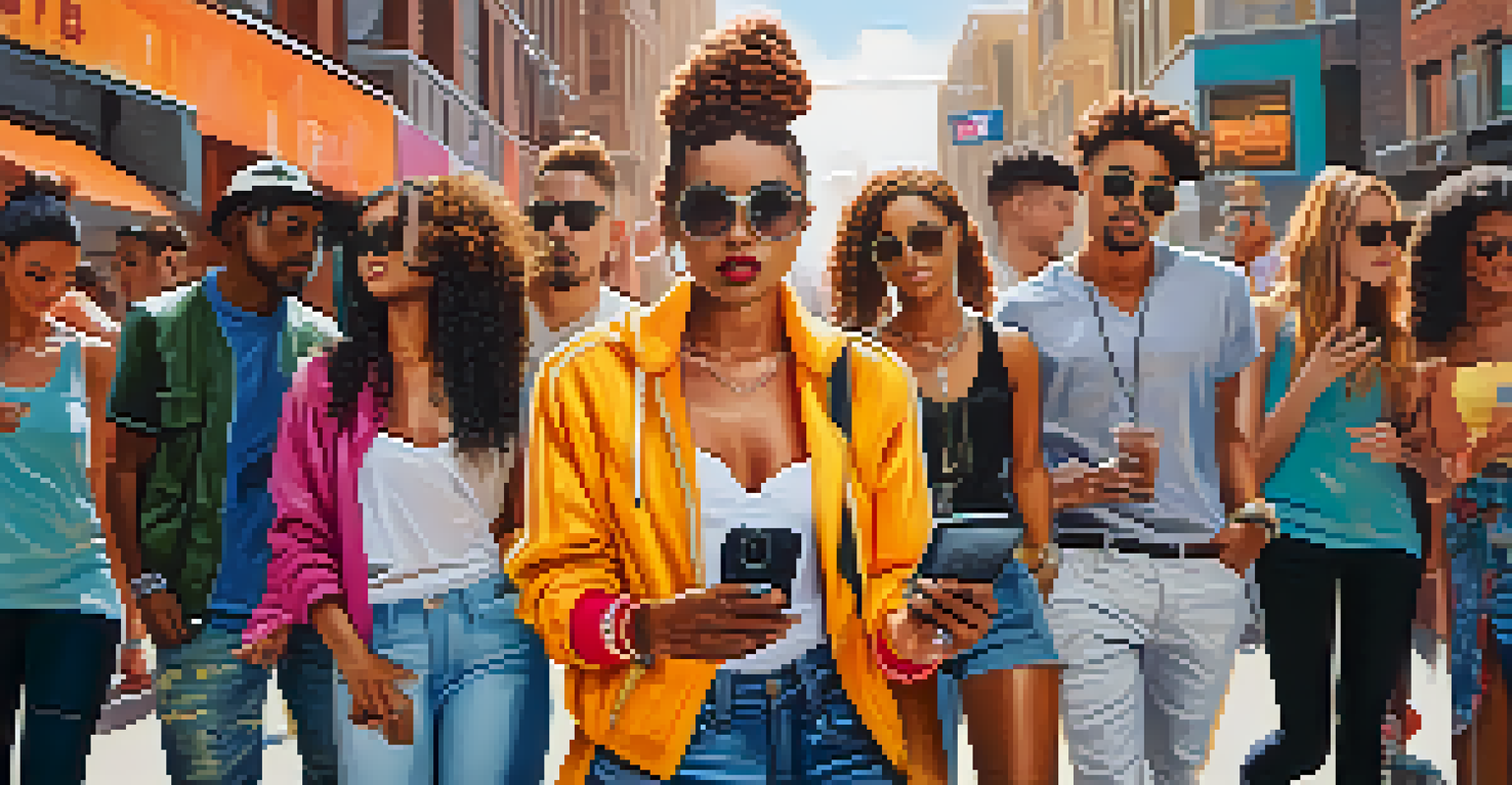 A fashion influencer of diverse background creating content in an urban setting, surrounded by friends in vibrant clothing against a backdrop of colorful street art.