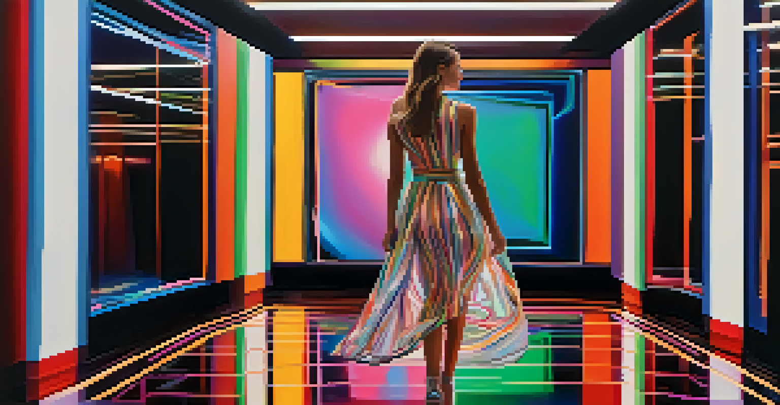 A model in a dress with digital prints inspired by famous artworks, against a futuristic backdrop with colorful lighting.