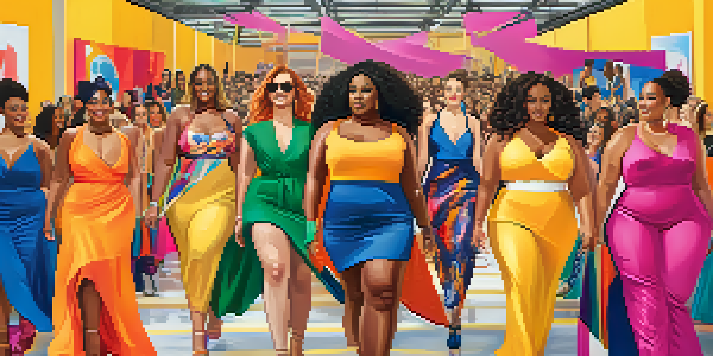 A lively fashion runway with plus-size models wearing colorful outfits, showcasing diversity and body positivity.