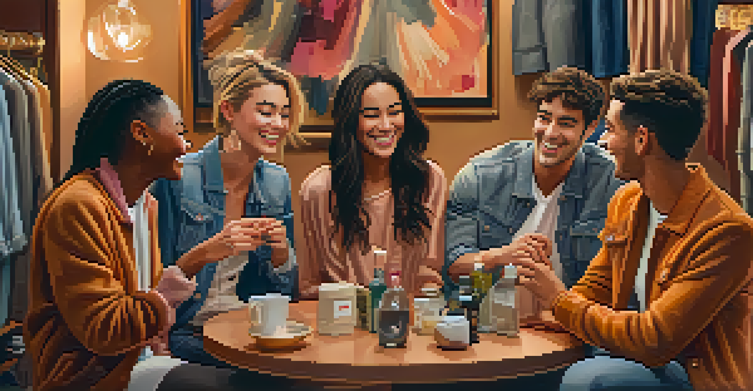 A cozy gathering of friends sharing their fashion styles in a warm, inviting indoor setting.