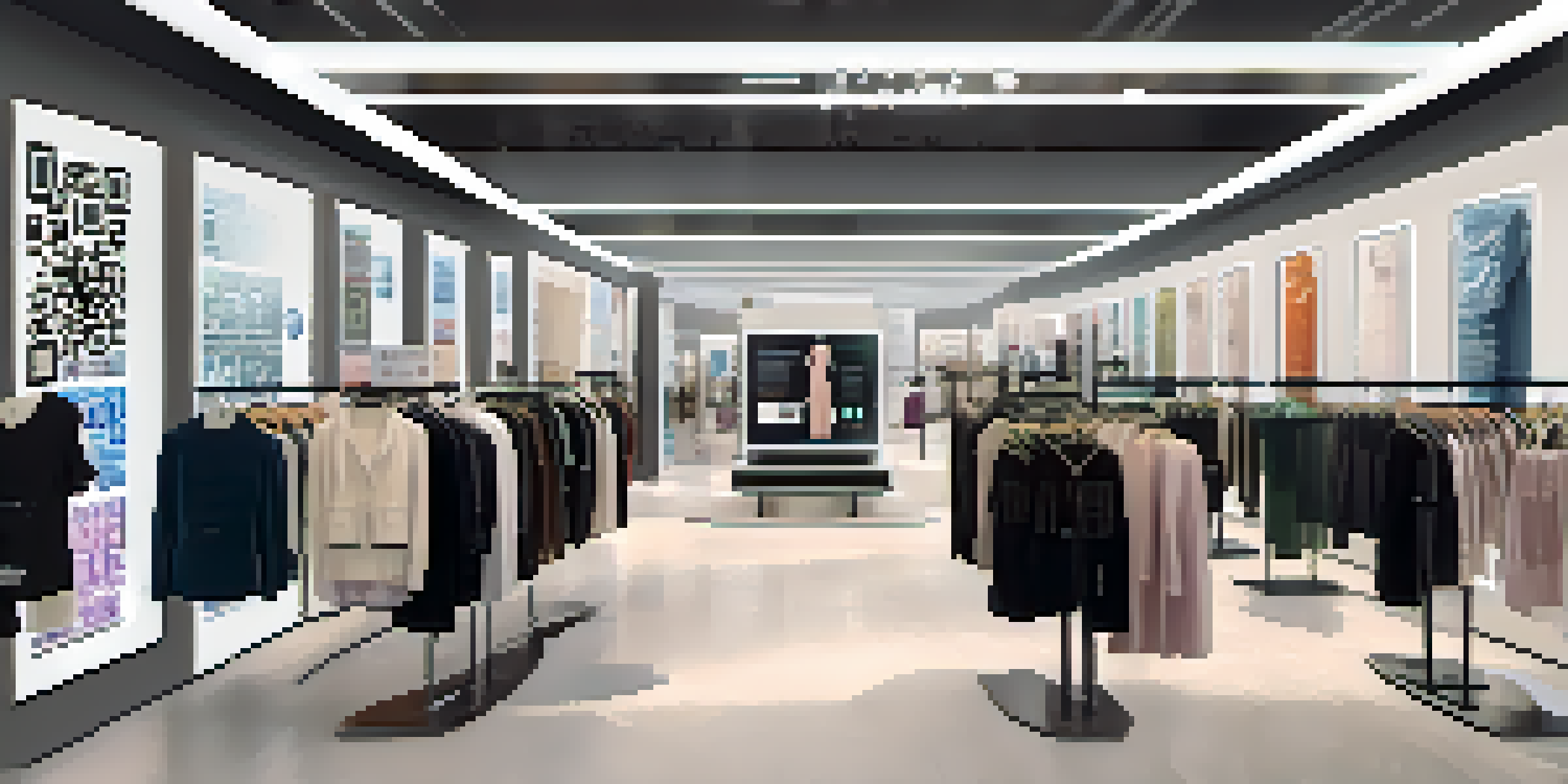 A modern fashion boutique with QR codes on garments, shoppers scanning codes with smartphones, and digital screens showcasing product histories.