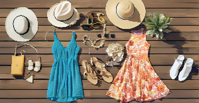 Flat lay of a summer fashion collection including a floral dress, sandals, and accessories on a wooden surface.