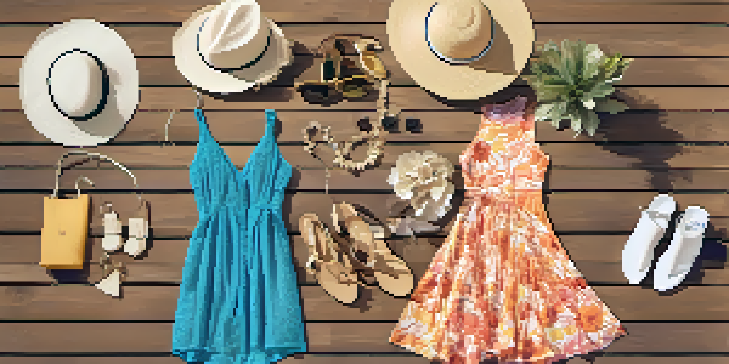 Flat lay of a summer fashion collection including a floral dress, sandals, and accessories on a wooden surface.