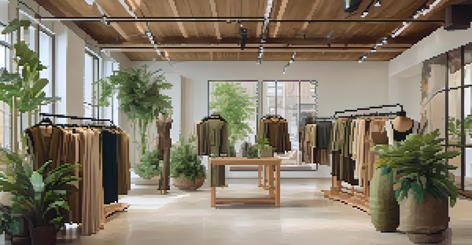 A fashion showroom with mannequins in sustainable clothing, illuminated by natural light and surrounded by wooden decor and plants.