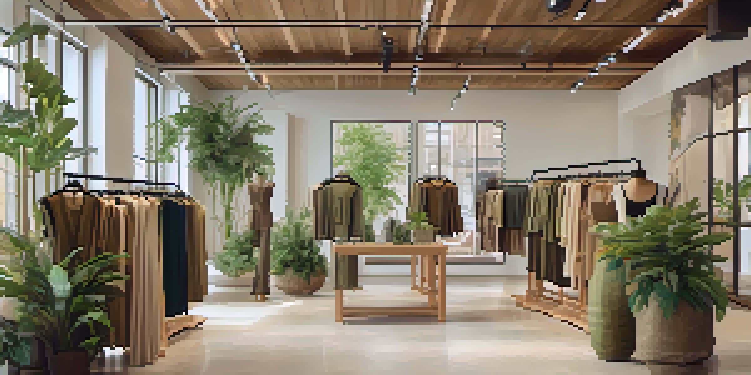 A fashion showroom with mannequins in sustainable clothing, illuminated by natural light and surrounded by wooden decor and plants.