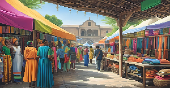 A lively market featuring artisans selling handmade clothing and accessories, with colorful fabrics and natural lighting.