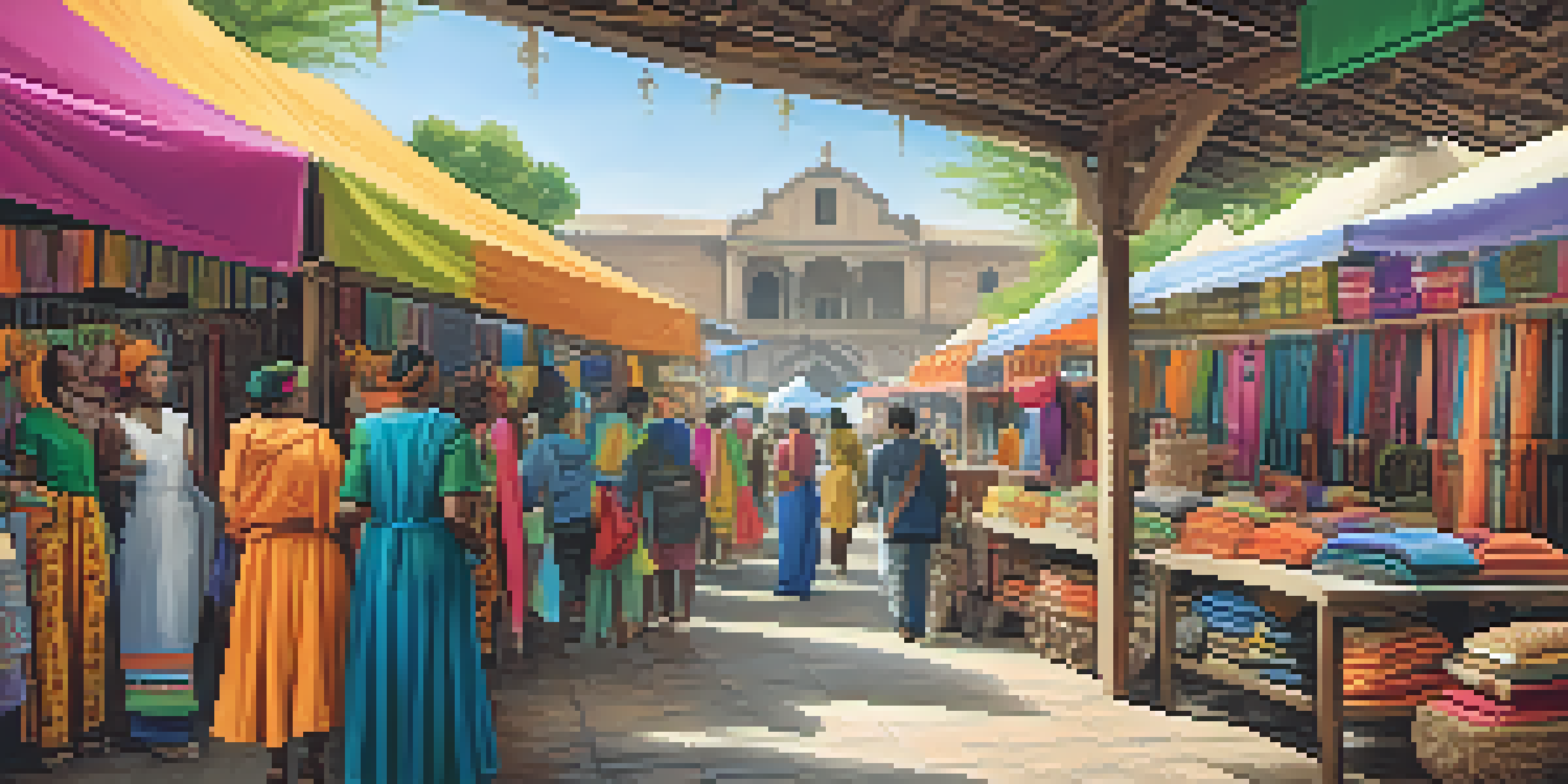 A lively market featuring artisans selling handmade clothing and accessories, with colorful fabrics and natural lighting.