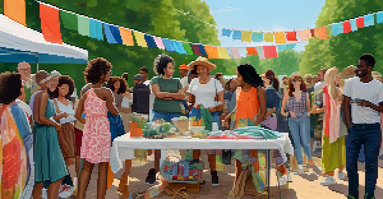 A clothing swap event in a green outdoor setting where diverse individuals are joyfully exchanging garments.