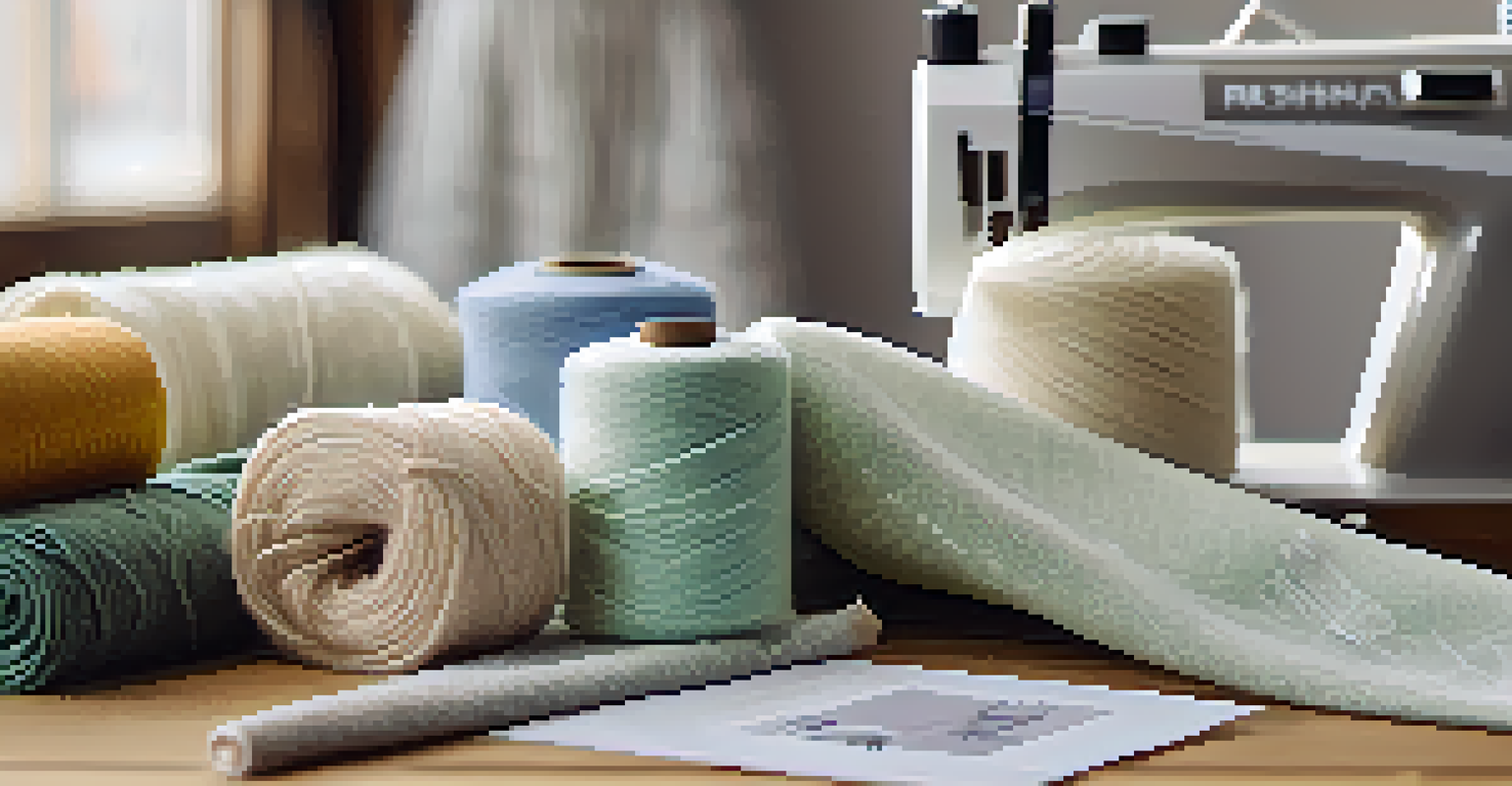 A close-up view of various sustainable fabrics with labels, showcasing their textures and qualities.
