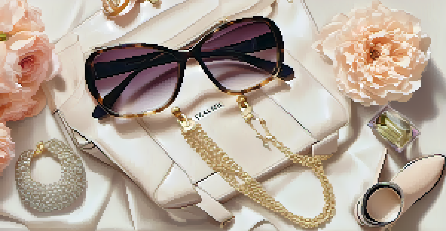 An elegant flat lay of luxury fashion items including a handbag, sunglasses, and shoes on a soft neutral background with flowers.