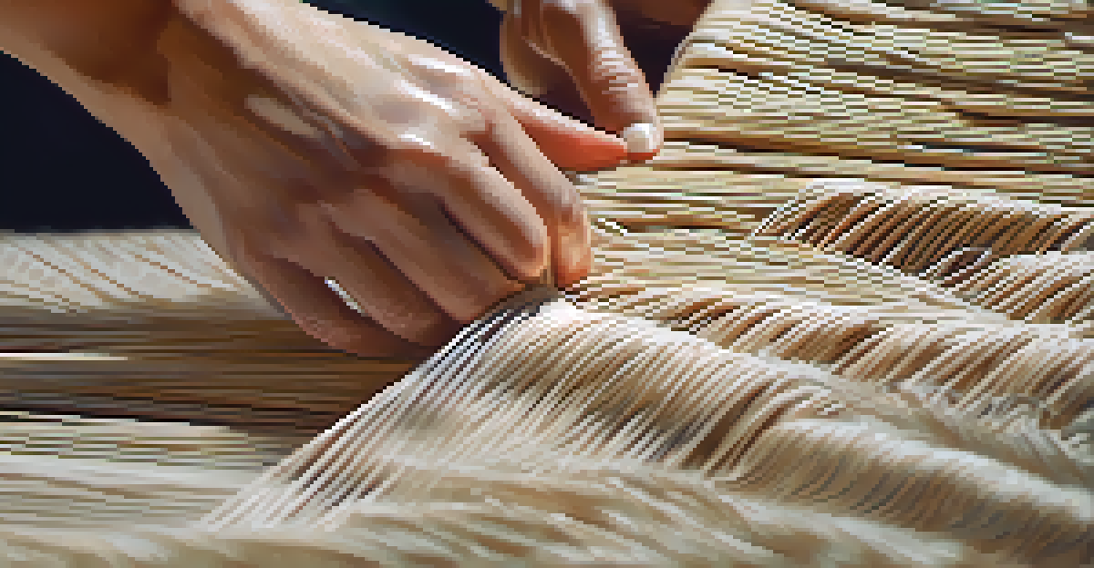 A close-up of biodegradable fabric being woven by an artisan, showcasing intricate textures and natural fibers with soft lighting.