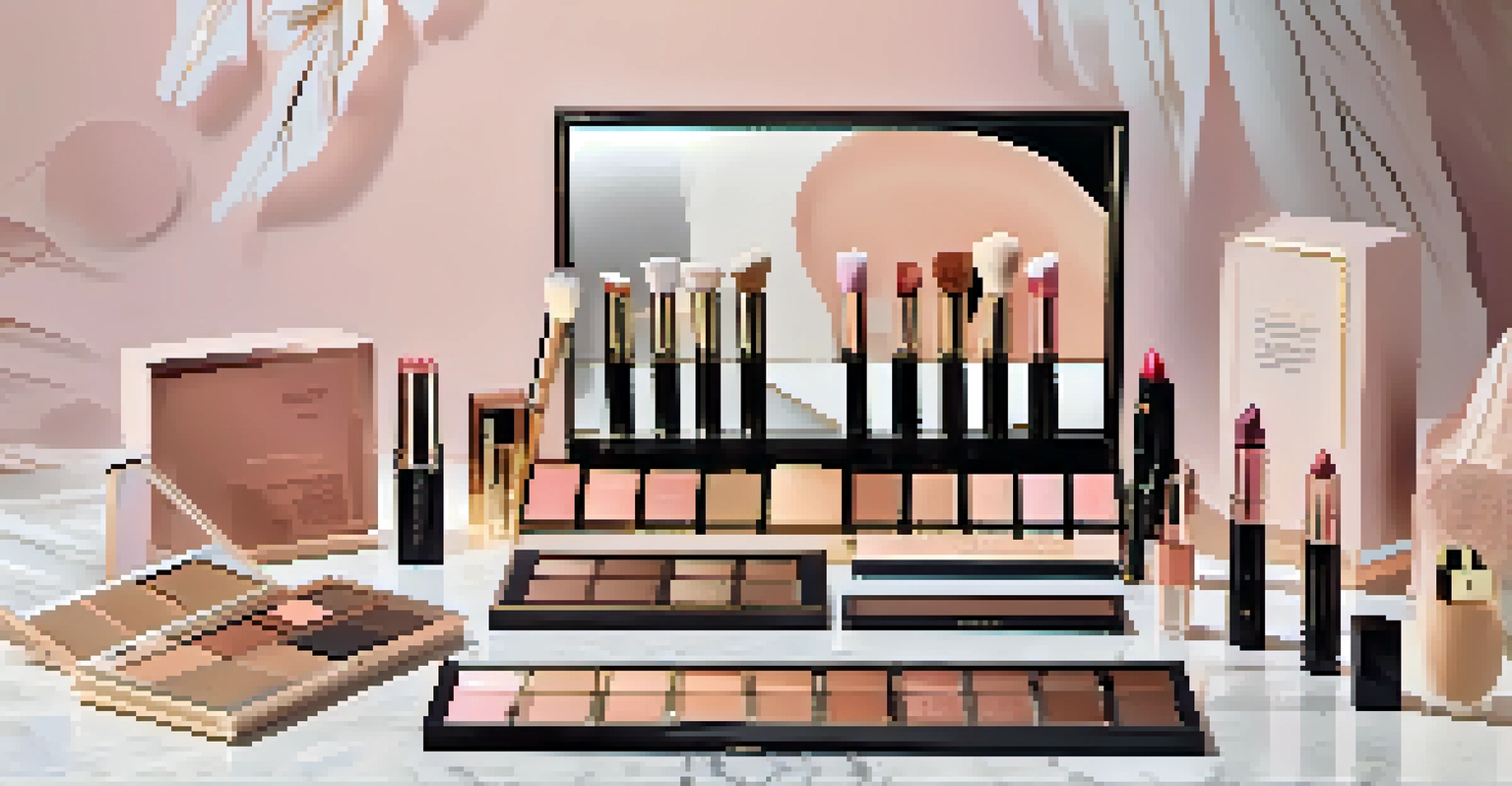 An artistic arrangement of Fenty Beauty makeup products on a marble countertop, showcasing a variety of foundation shades and cosmetics in soft natural light.