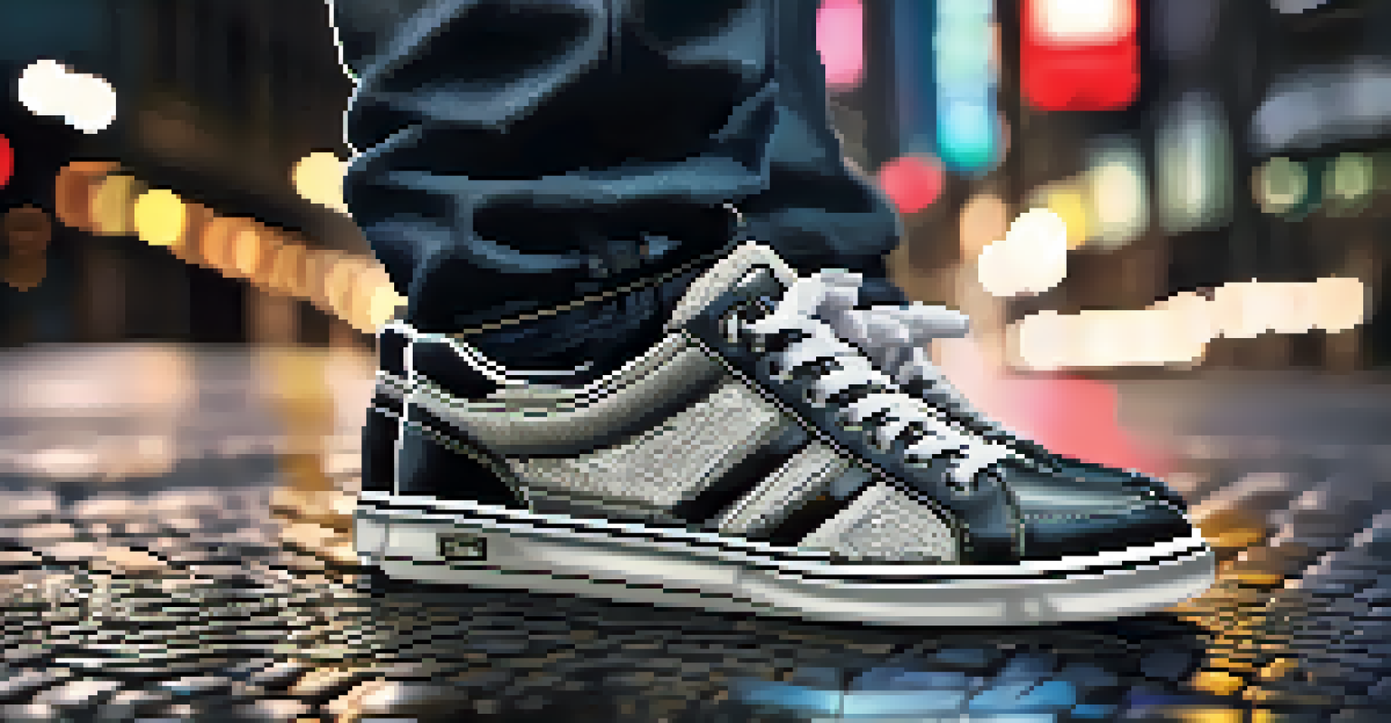 A detailed close-up of stylish sneakers on urban pavement, with blurred city lights in the background, capturing a sense of modern youth culture.