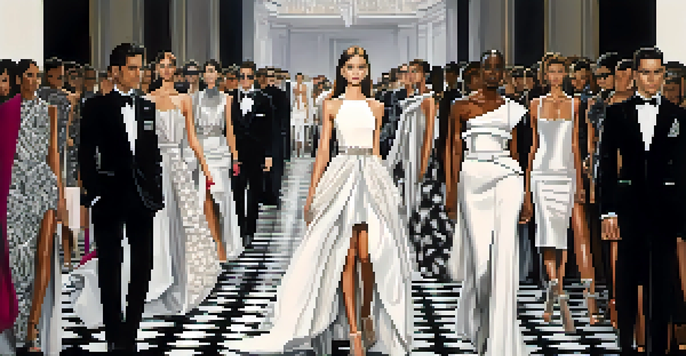A vibrant runway show with diverse models in stylish outfits inspired by Karl Lagerfeld, showcasing a mix of classic and modern designs under dramatic lighting.