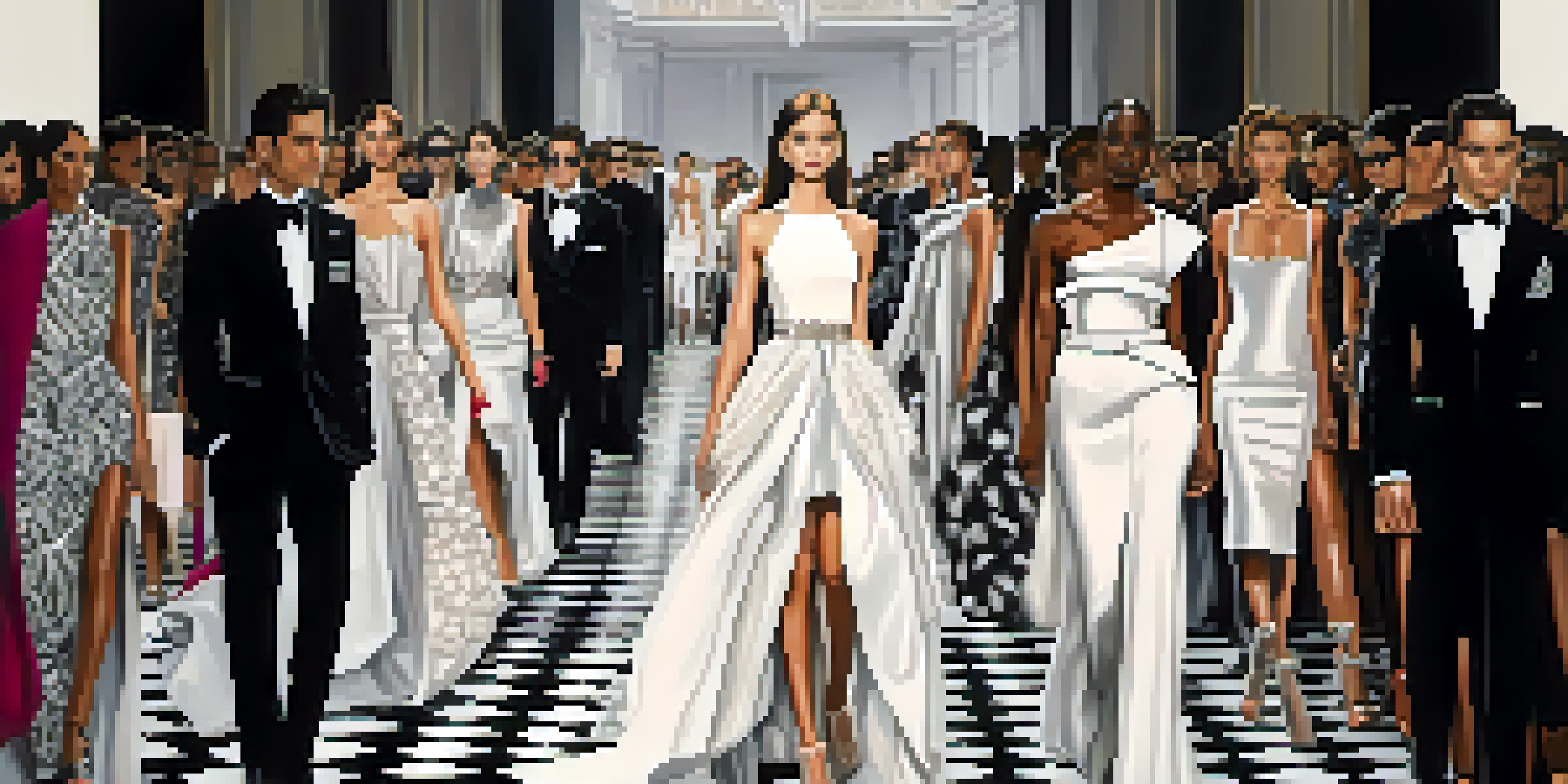 A vibrant runway show with diverse models in stylish outfits inspired by Karl Lagerfeld, showcasing a mix of classic and modern designs under dramatic lighting.