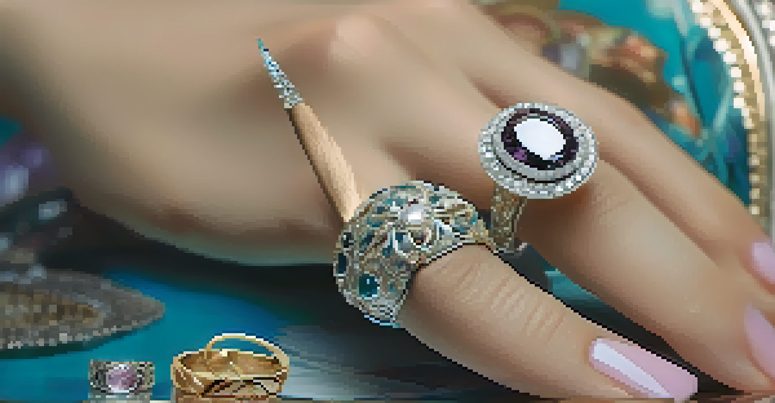 A close-up of a model's hand adorned with statement rings and colorful nail art.