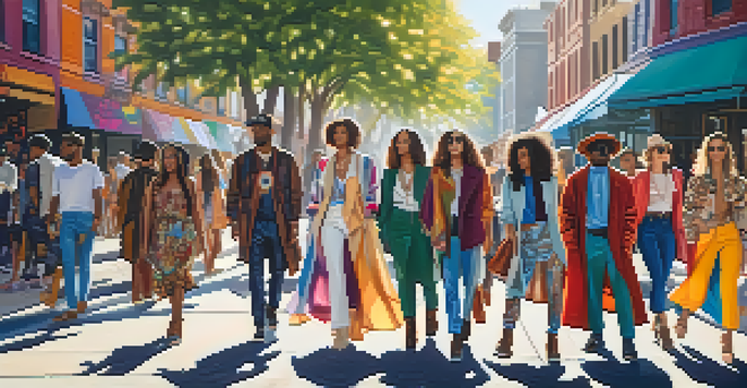 A street scene with diverse individuals in colorful outfits against a graffiti backdrop, showcasing eclectic fashion styles.