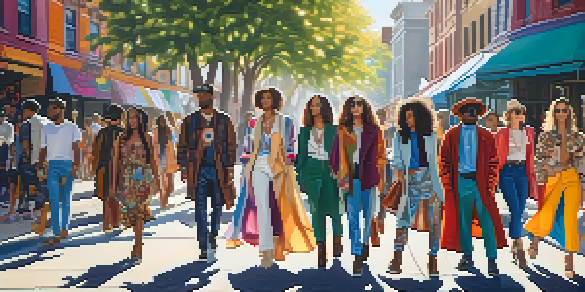 A street scene with diverse individuals in colorful outfits against a graffiti backdrop, showcasing eclectic fashion styles.