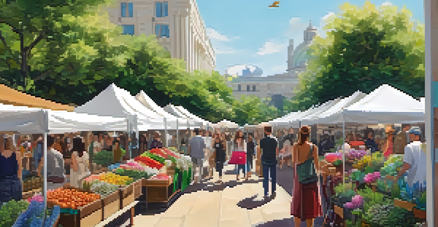 An outdoor market with stalls of ethical fashion brands and shoppers exploring eco-friendly clothing.