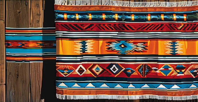 Close-up of a colorful Native American textile with geometric patterns and beadwork on a wooden surface, illuminated by sunlight.
